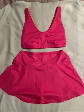 J. Crew Bright Pink Athletic Set- Skirt with Built-In Shorts and Reversible Bra